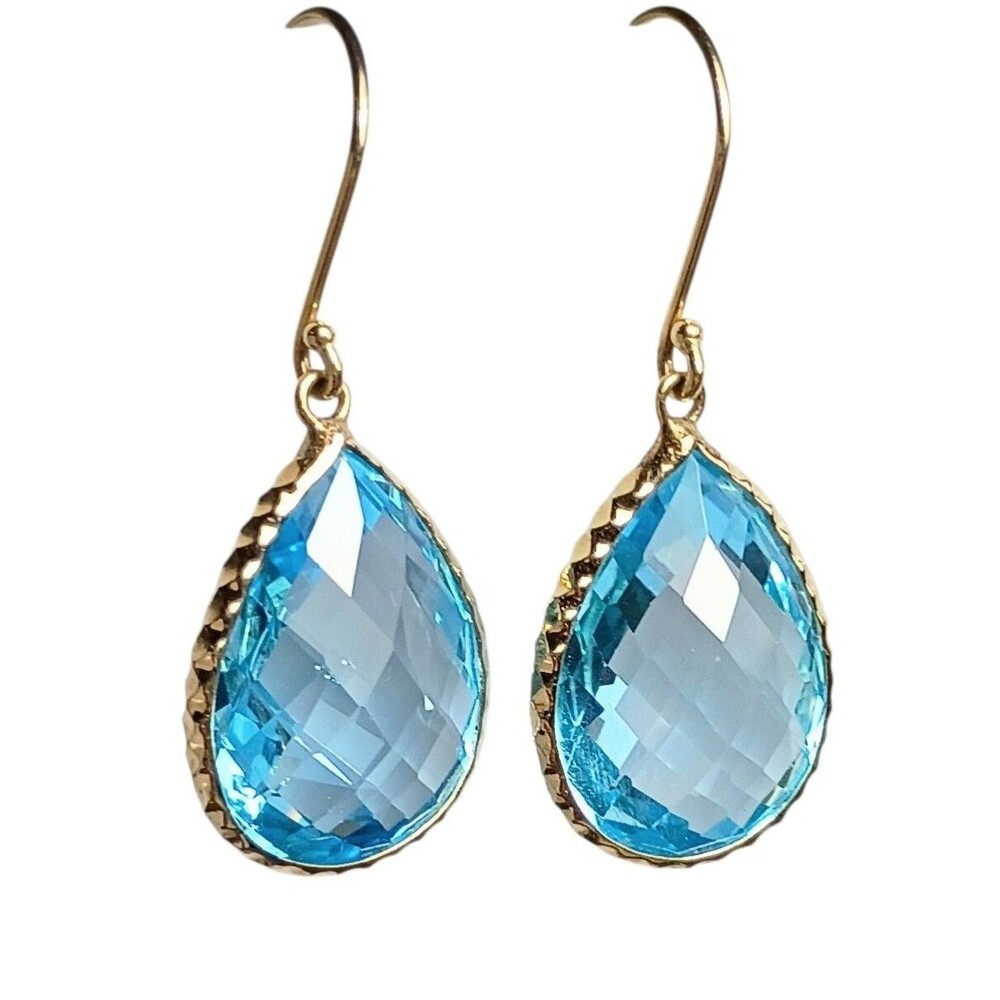 14K Yellow Gold Swiss Blue Topaz Drop Dangle French Wire Earrings - Picture 2 of 12
